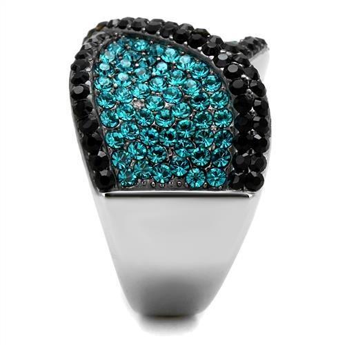 TK2764 - Two-Tone IP Black Stainless Steel Ring with Top Grade Crystal in Blue Zircon-3