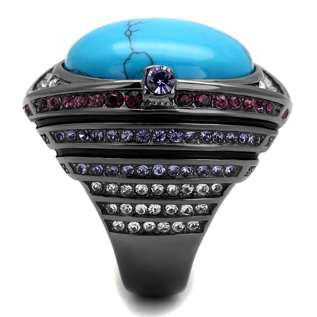TK2983 - IP Light Black (IP Gun) Stainless Steel Ring with Synthetic Turquoise in Sea Blue-3