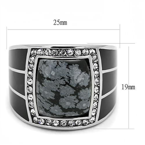TK3042 - High polished (no plating) Stainless Steel Ring with Semi-Precious Snowflake Obsidian in Jet-1
