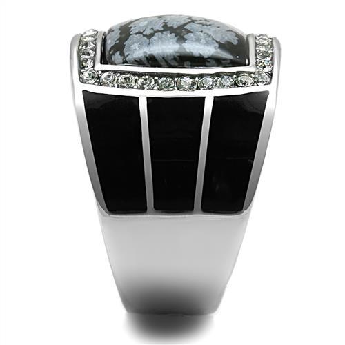 TK3042 - High polished (no plating) Stainless Steel Ring with Semi-Precious Snowflake Obsidian in Jet-3
