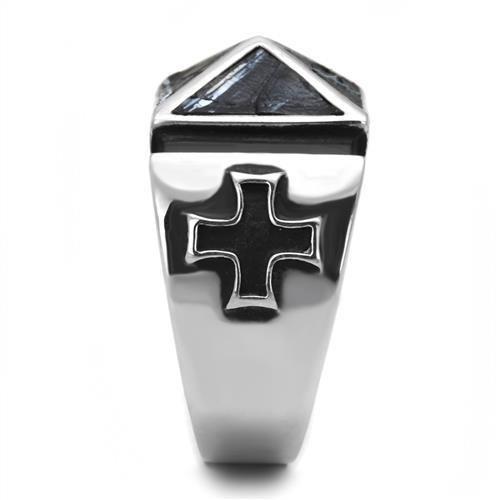 TK3075 - High polished (no plating) Stainless Steel Ring with Leather in Jet-3