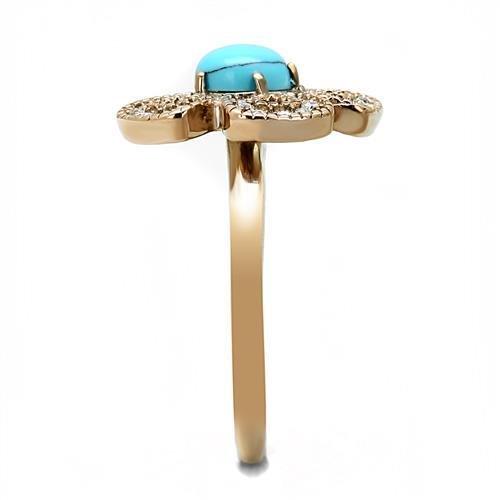 TK3201 - IP Rose Gold(Ion Plating) Stainless Steel Ring with Synthetic Turquoise in Sea Blue-3