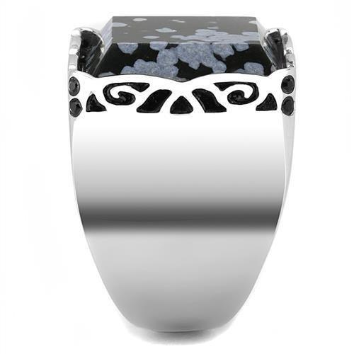 TK3230 - High polished (no plating) Stainless Steel Ring with Semi-Precious Snowflake Obsidian in Jet-3