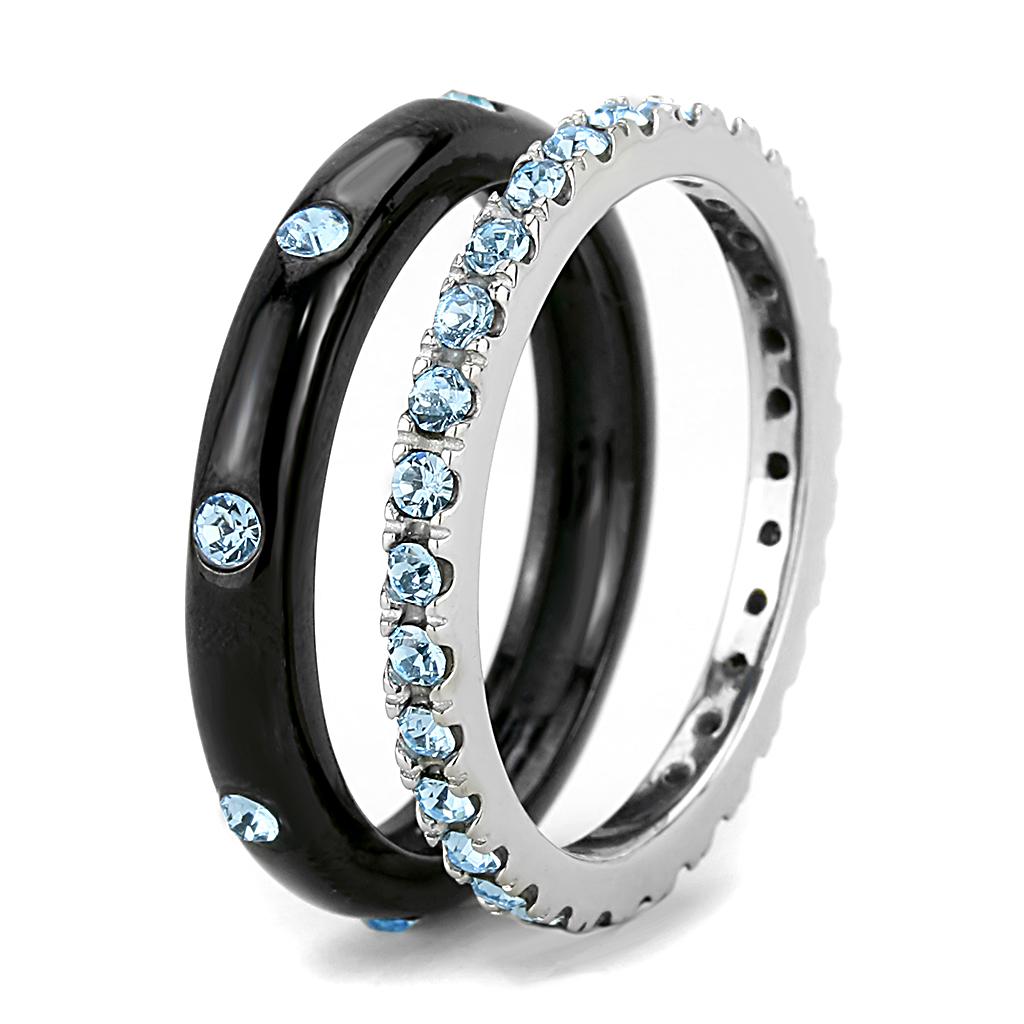 TK3233 - Two-Tone IP Black (Ion Plating) Stainless Steel Ring with Top Grade Crystal in Sea Blue-3