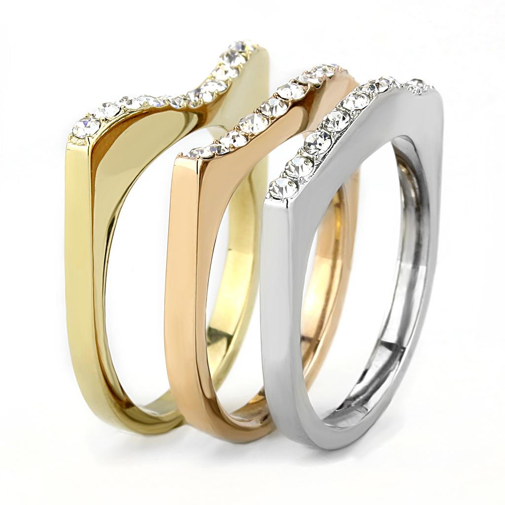 TK3234 - Three Tone (IP Gold & IP Rose Gold & High Polished) Stainless Steel Ring with Top Grade Crystal in Clear-3