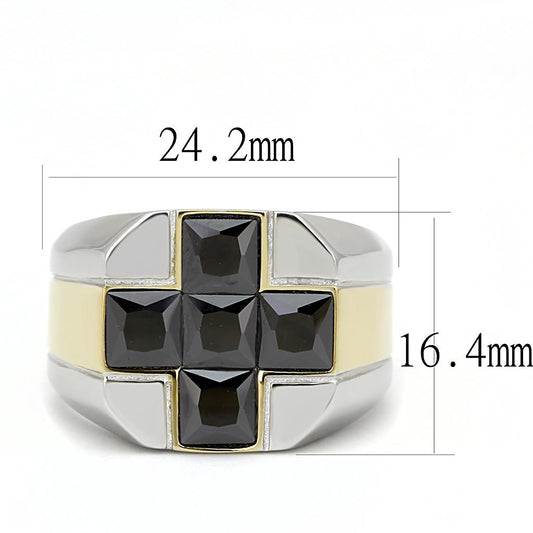 TK3271 - Two-Tone IP Gold (Ion Plating) Stainless Steel Ring with AAA Grade CZ in Black Diamond-1