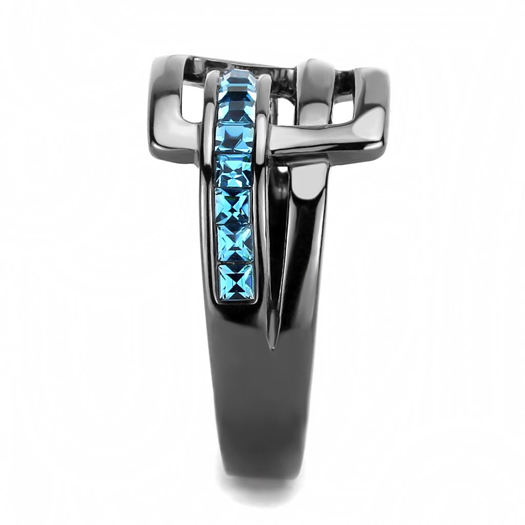 TK3451 - IP Light Black (IP Gun) Stainless Steel Ring with Top Grade Crystal in Sea Blue-3