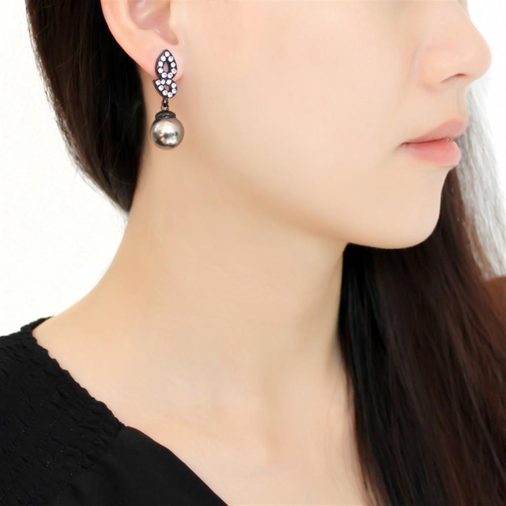 TK3483 - IP Black(Ion Plating) Stainless Steel Earrings with Synthetic Pearl in Gray-2