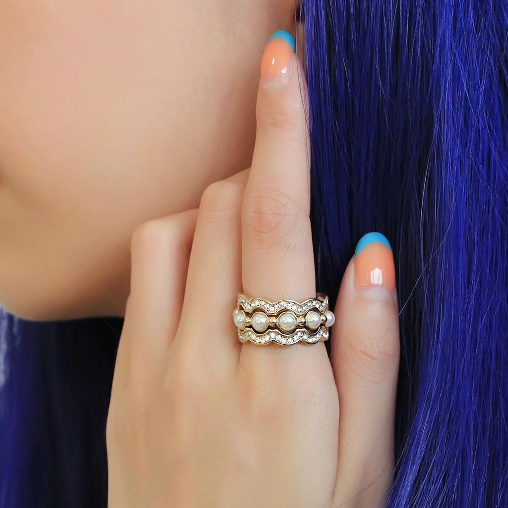 TK3520 - IP Gold(Ion Plating) Stainless Steel Ring with Synthetic Pearl in White-4