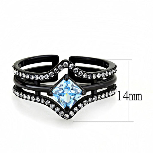 TK3562 - IP Black(Ion Plating) Stainless Steel Ring with AAA Grade CZ in Sea Blue-1