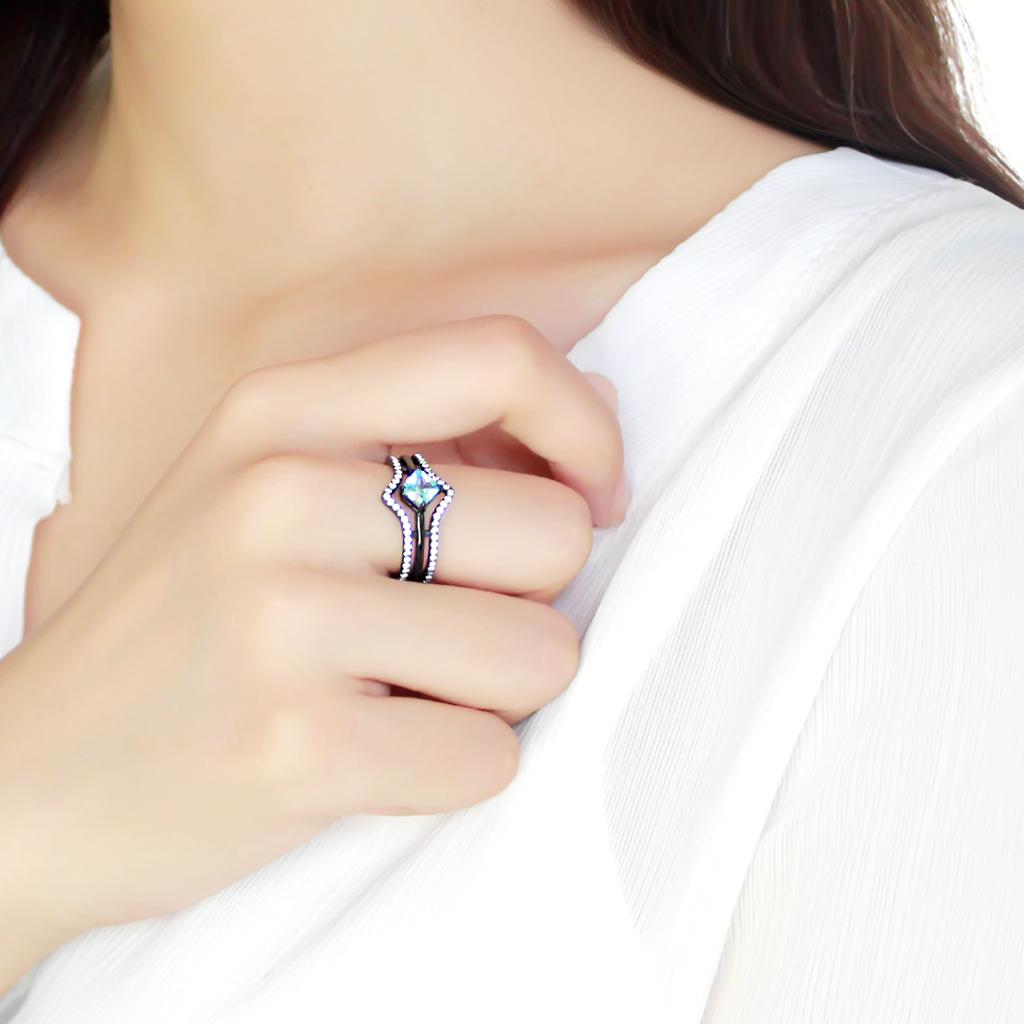 TK3562 - IP Black(Ion Plating) Stainless Steel Ring with AAA Grade CZ in Sea Blue-4