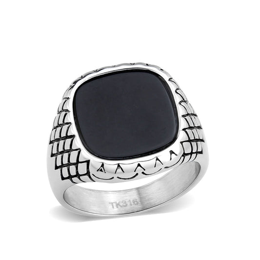 TK3893 - High polished (no plating) Stainless Steel Ring with Synthetic in Jet-0