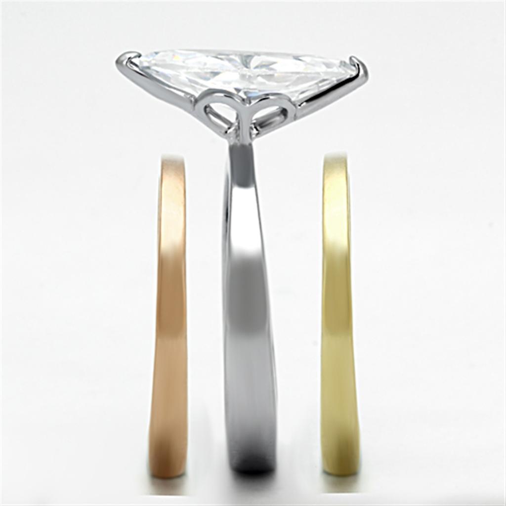 TK964 - Three Tone (IP Gold & IP Rose Gold & High Polished) Stainless Steel Ring with AAA Grade CZ in Clear-3