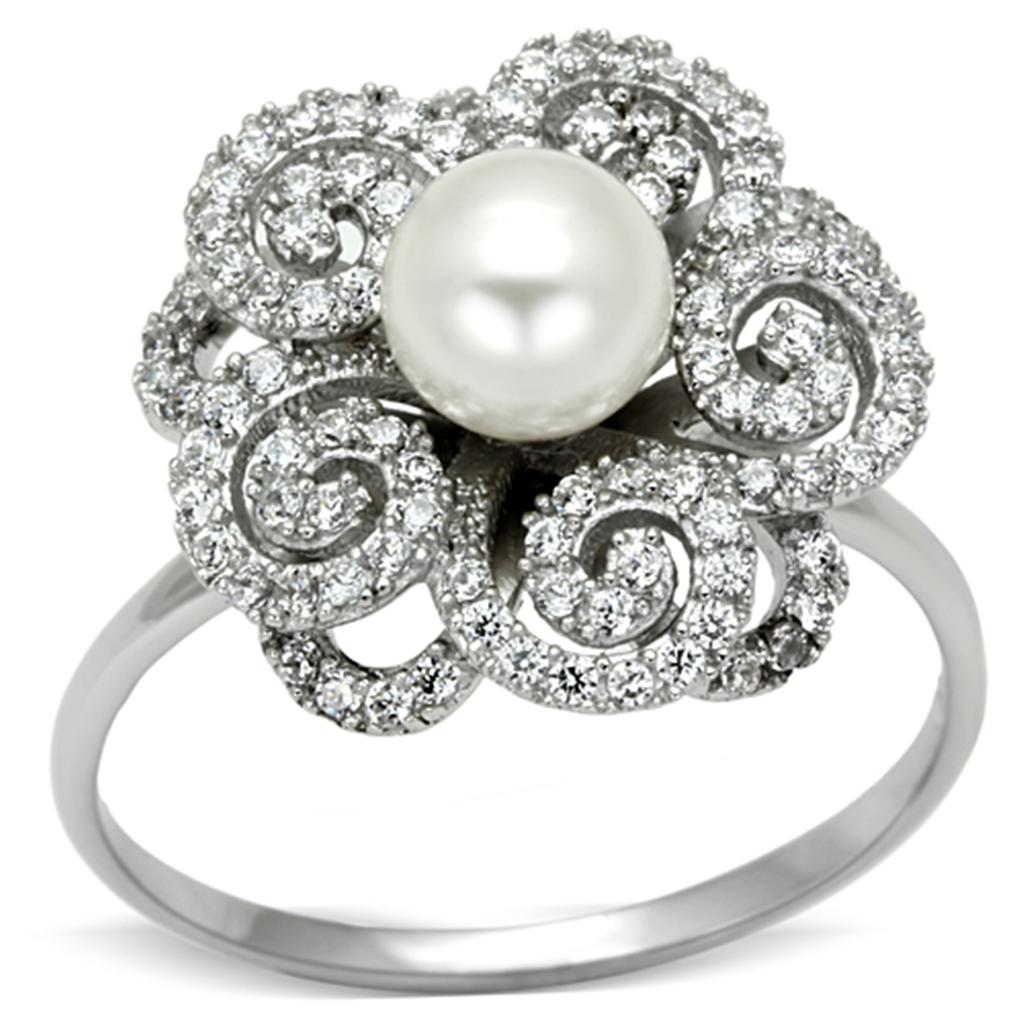 TS070 - Rhodium 925 Sterling Silver Ring with Synthetic Pearl in White-4