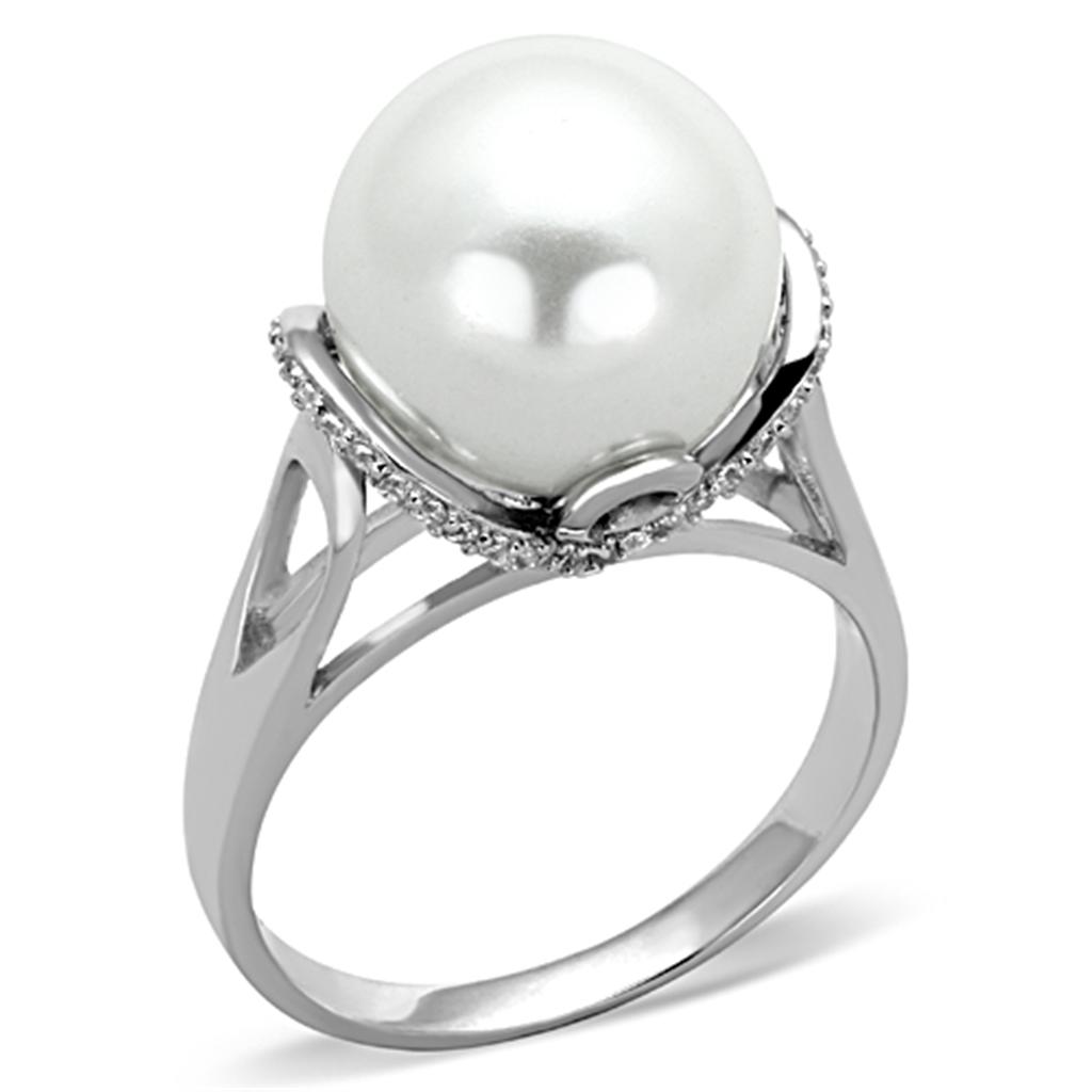 TS154 - Rhodium 925 Sterling Silver Ring with Synthetic Pearl in White-4
