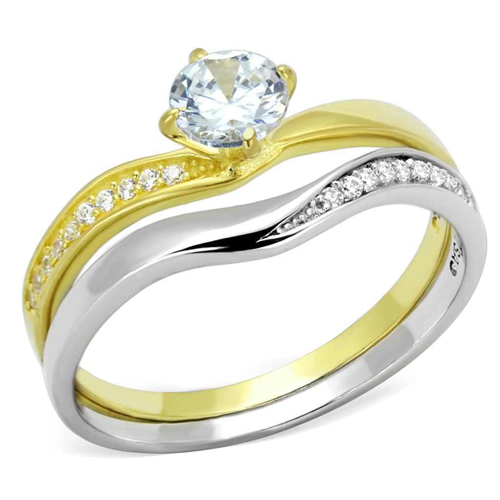 TS210 - Gold+Rhodium 925 Sterling Silver Ring with AAA Grade CZ in Clear-4