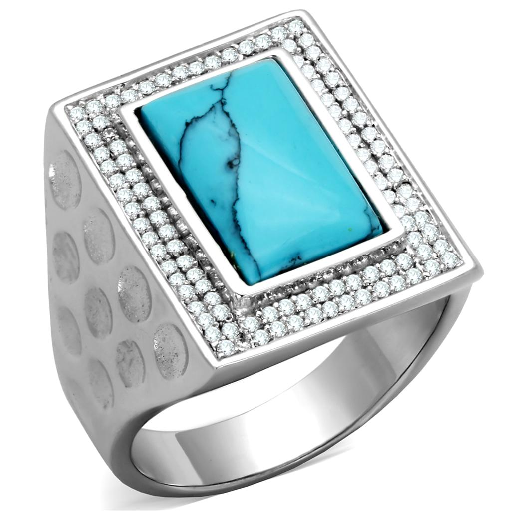 TS228 - Rhodium 925 Sterling Silver Ring with Synthetic Turquoise in Sea Blue-4