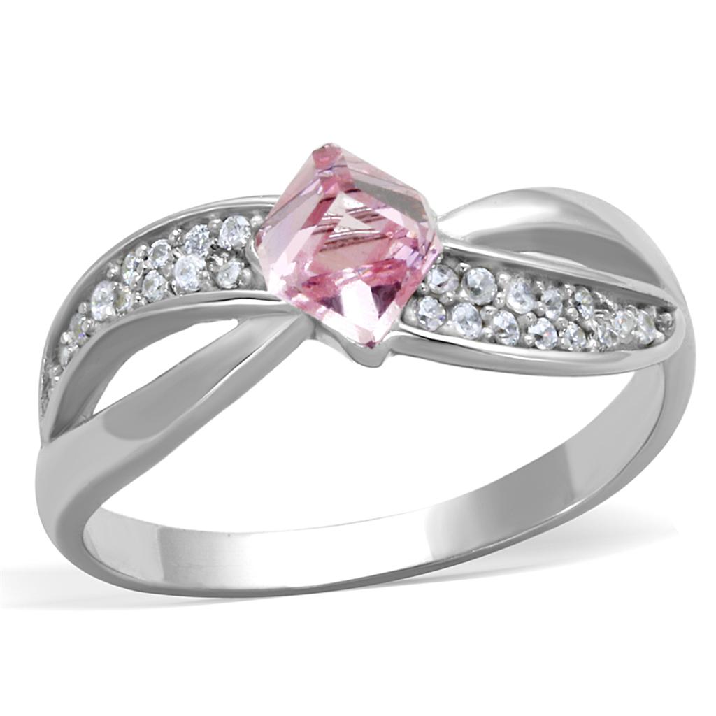 TS313 - Rhodium 925 Sterling Silver Ring with Top Grade Crystal in Light Rose-4