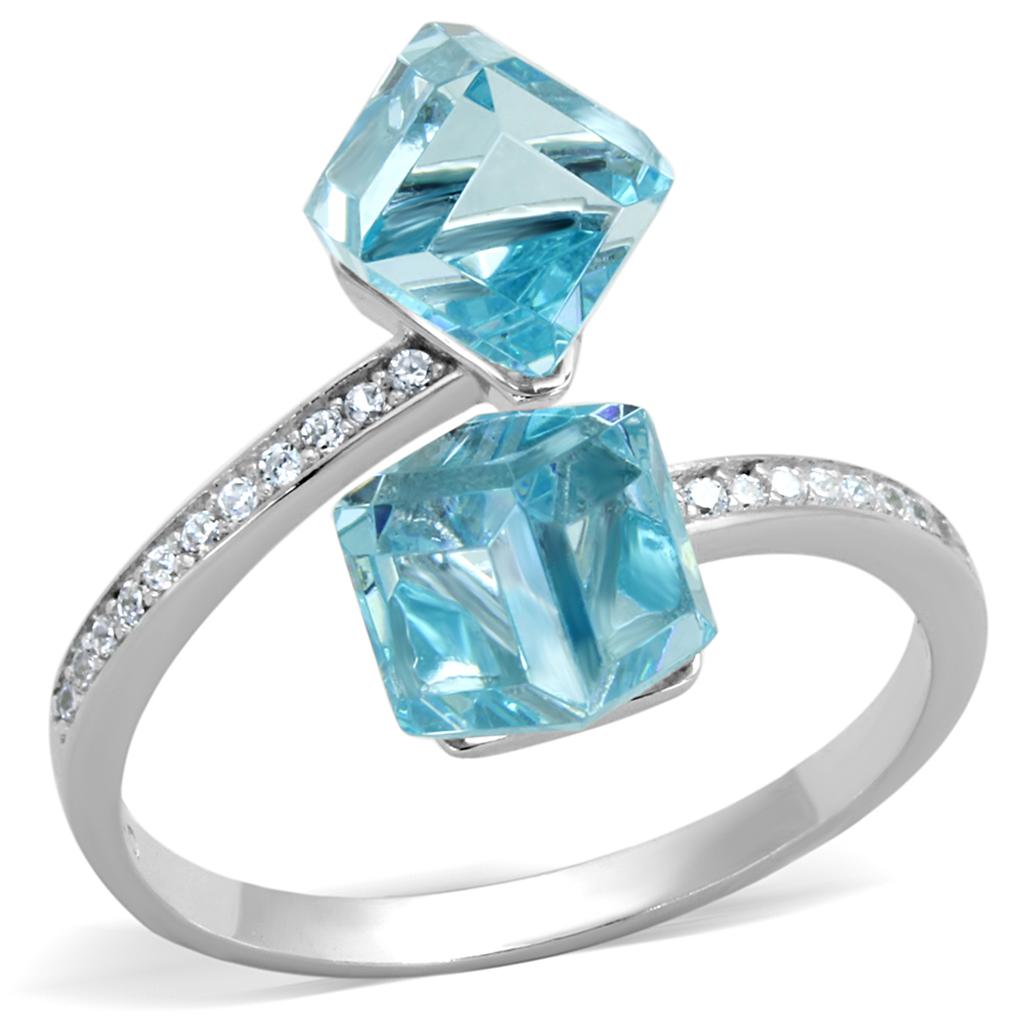 TS317 - Rhodium 925 Sterling Silver Ring with AAA Grade CZ in Sea Blue-4