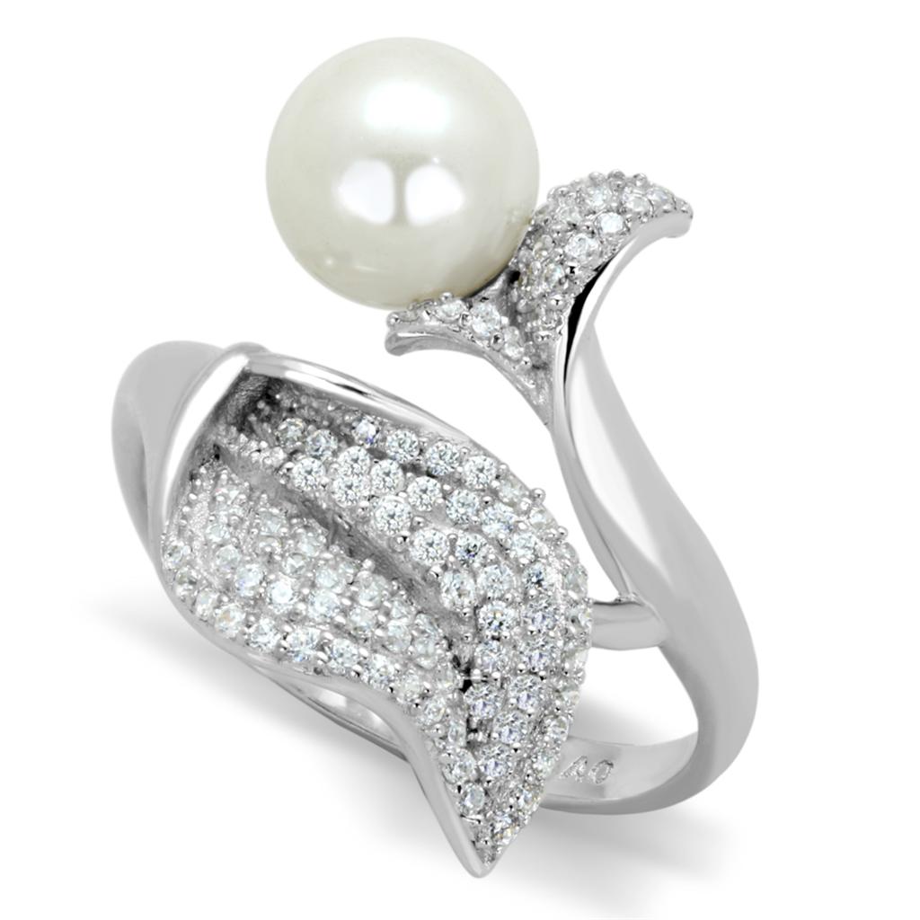 TS329 - Rhodium 925 Sterling Silver Ring with Synthetic Pearl in White-4