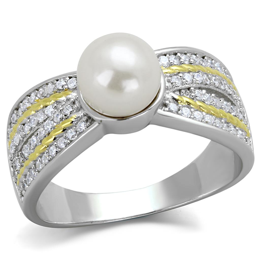 TS377 - Reverse Two-Tone 925 Sterling Silver Ring with Synthetic Pearl in White-4