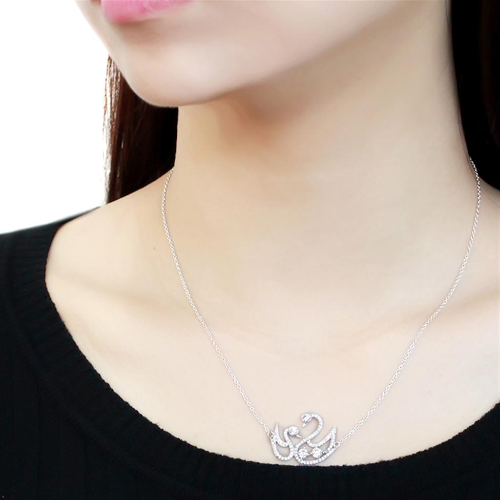 TS447 - Rhodium 925 Sterling Silver Chain Pendant with AAA Grade CZ in Clear-2