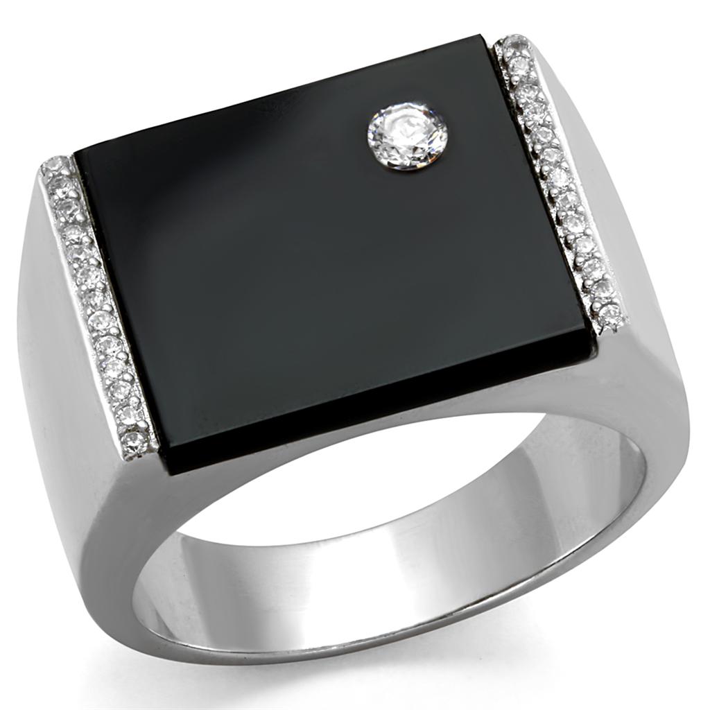 TS459 - Rhodium 925 Sterling Silver Ring with Synthetic Onyx in Jet-4