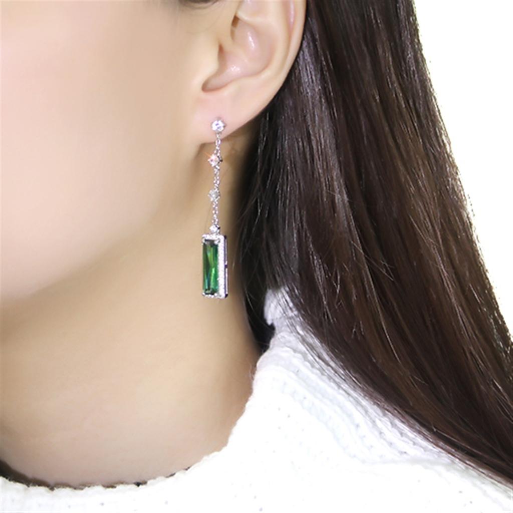 TS478 - Rhodium 925 Sterling Silver Earrings with AAA Grade CZ in Emerald-3