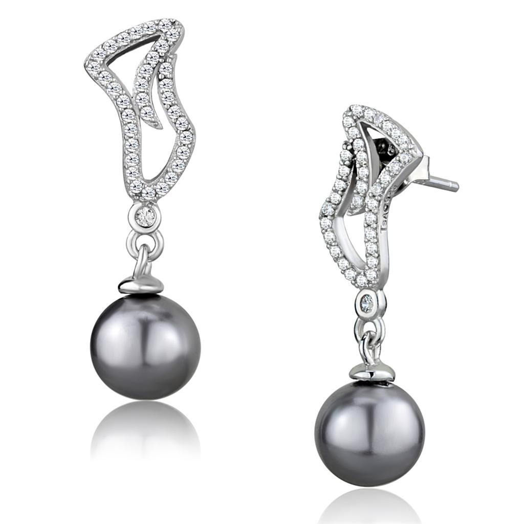 TS479 - Rhodium 925 Sterling Silver Earrings with Synthetic Pearl in Gray-2