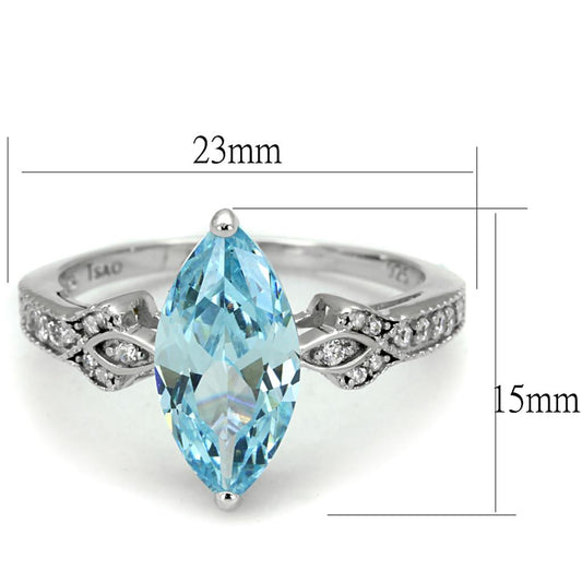 TS502 - Rhodium 925 Sterling Silver Ring with AAA Grade CZ in Sea Blue-1