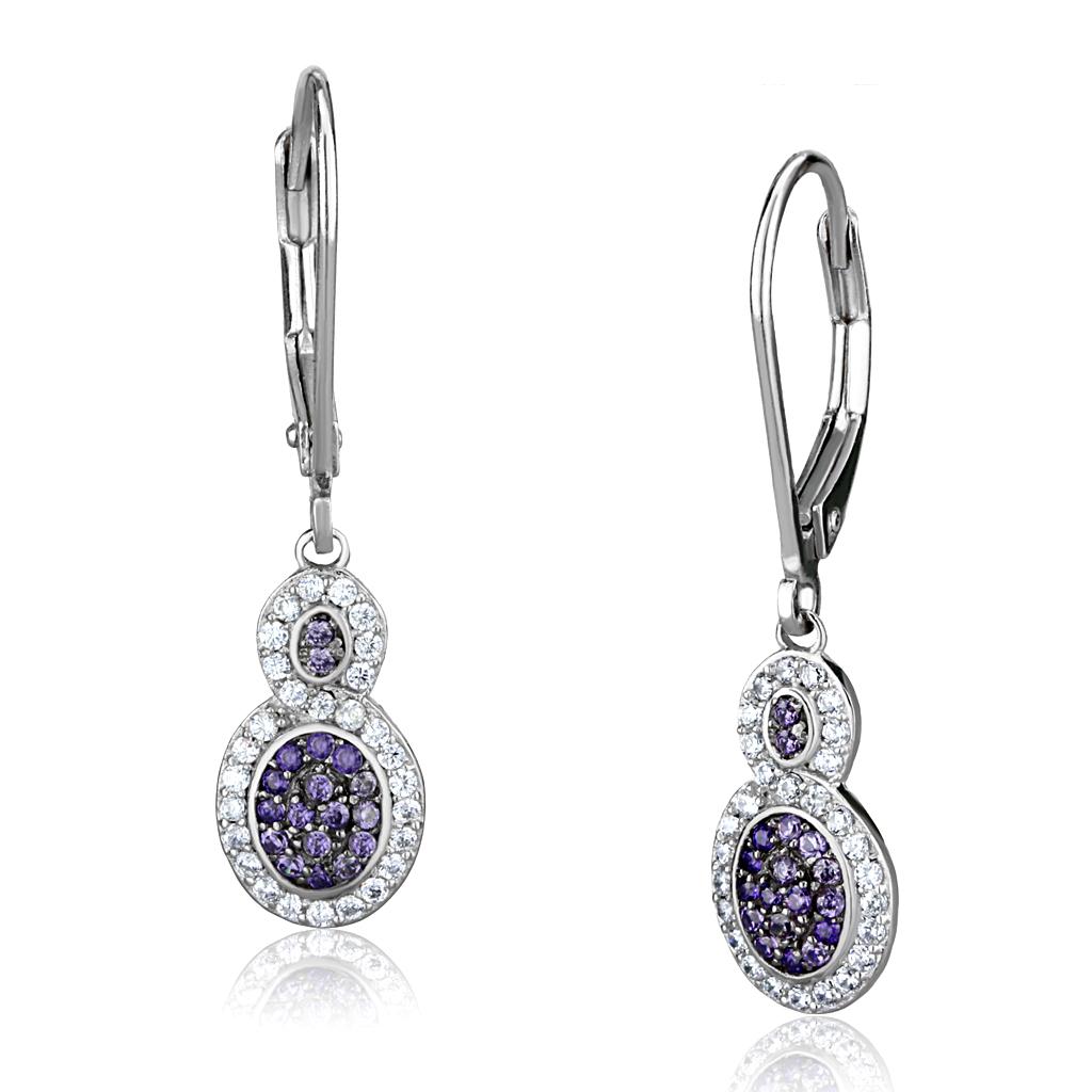 TS532 - Rhodium + Ruthenium 925 Sterling Silver Earrings with AAA Grade CZ in Amethyst-2