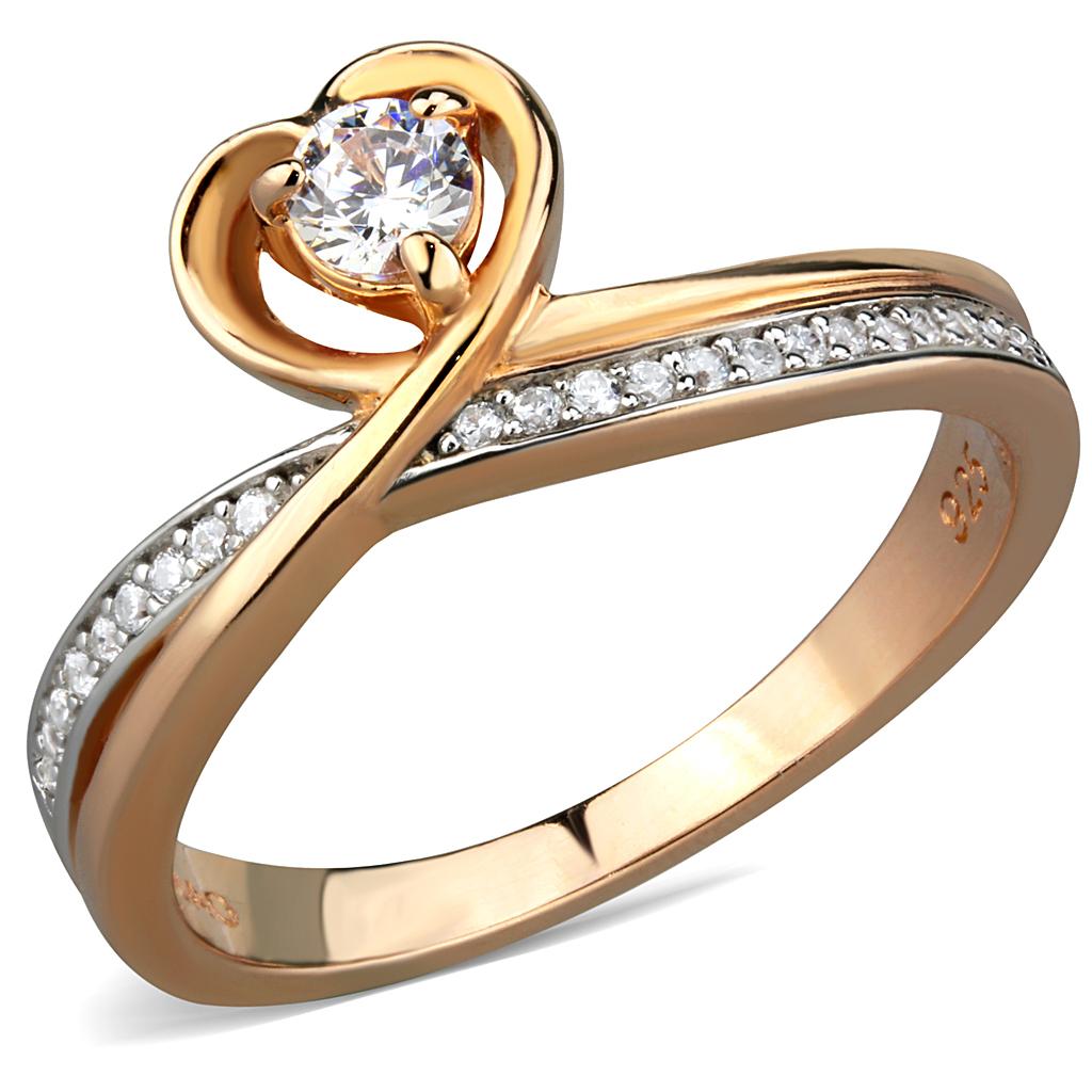TS544 - Rose Gold + Rhodium 925 Sterling Silver Ring with AAA Grade CZ in Clear-4