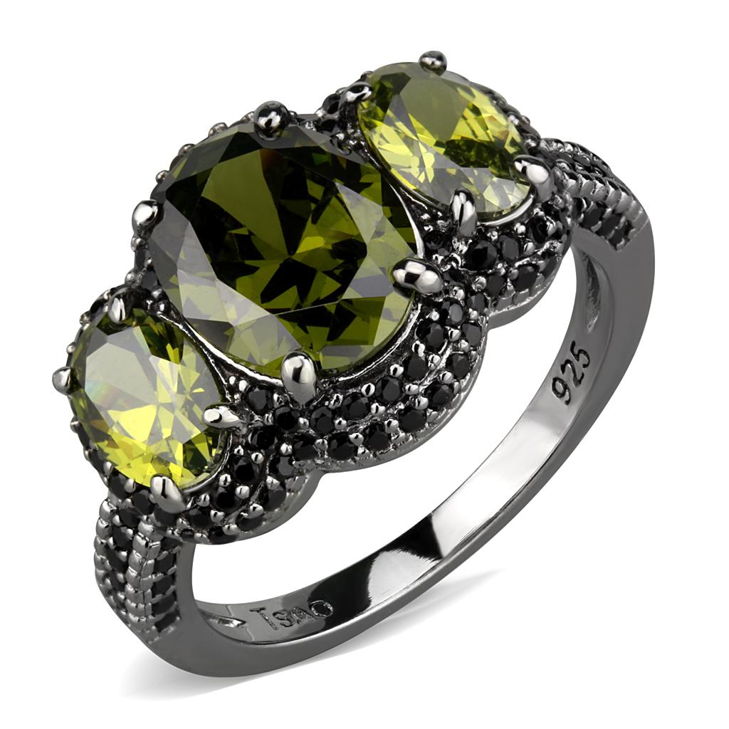 TS547 - Ruthenium 925 Sterling Silver Ring with AAA Grade CZ in Olivine color-4