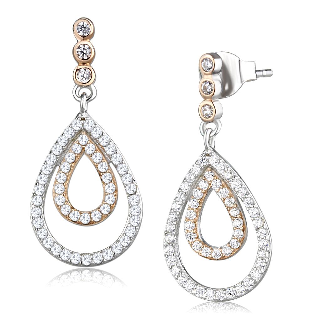 TS548 - Rose Gold + Rhodium 925 Sterling Silver Earrings with AAA Grade CZ in Clear-2