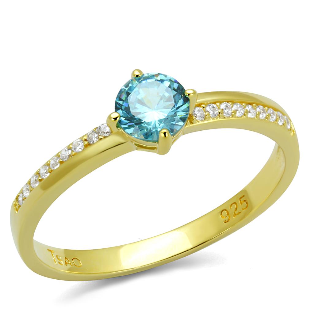 TS561 - Gold 925 Sterling Silver Ring with AAA Grade CZ in Sea Blue-4