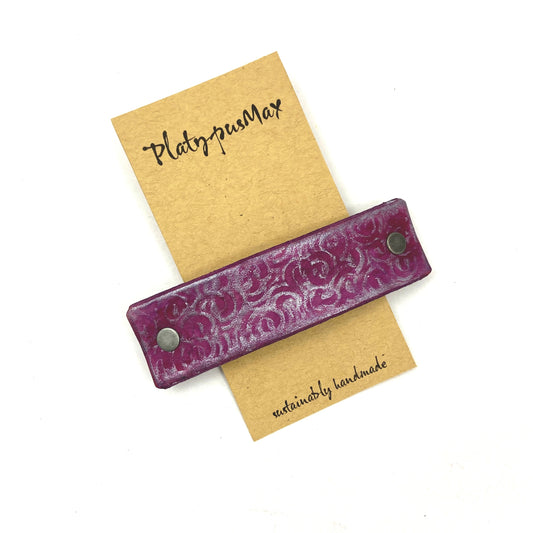 Purple and Silver Spirals Embossed Leather Hair Clip Barrette-1