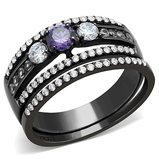 DA001 - IP Black(Ion Plating) Stainless Steel Ring with AAA Grade CZ in Amethyst-0