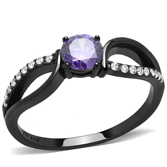 DA003 - IP Black(Ion Plating) Stainless Steel Ring with AAA Grade CZ in Amethyst-0