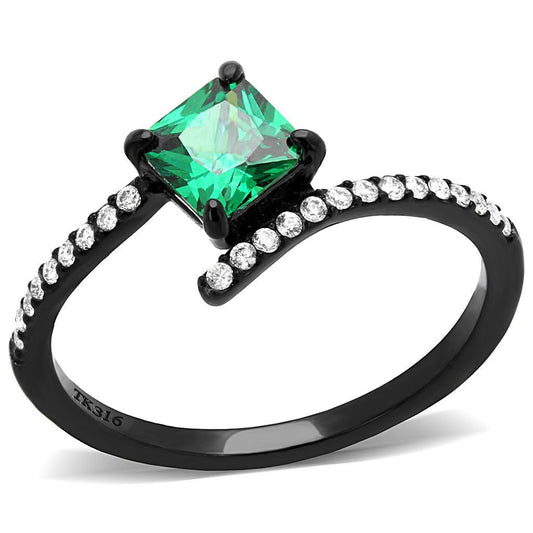 DA017 - IP Black(Ion Plating) Stainless Steel Ring with AAA Grade CZ in Emerald-0