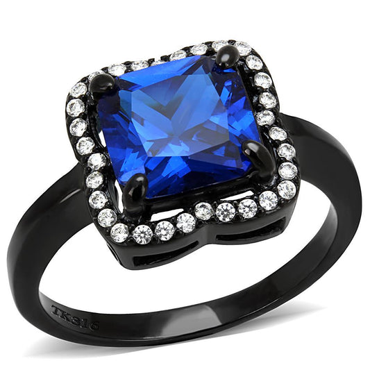 DA027 - IP Black(Ion Plating) Stainless Steel Ring with Synthetic Spinel in London Blue-0