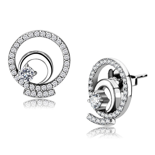 DA069 - High polished (no plating) Stainless Steel Earrings with AAA Grade CZ in Clear-0