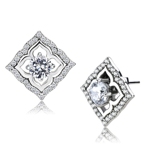 DA073 - High polished (no plating) Stainless Steel Earrings with AAA Grade CZ in Clear-0