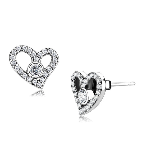 DA075 - High polished (no plating) Stainless Steel Earrings with AAA Grade CZ in Clear-0