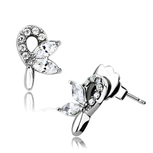 DA087 - High polished (no plating) Stainless Steel Earrings with AAA Grade CZ in Clear-0