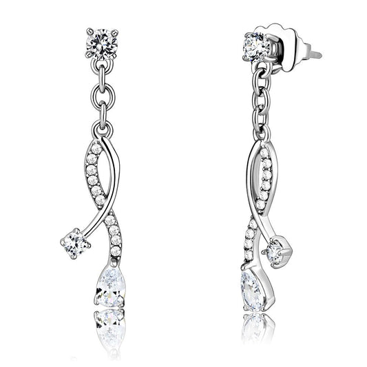 DA190 - High polished (no plating) Stainless Steel Earrings with AAA Grade CZ in Clear-0