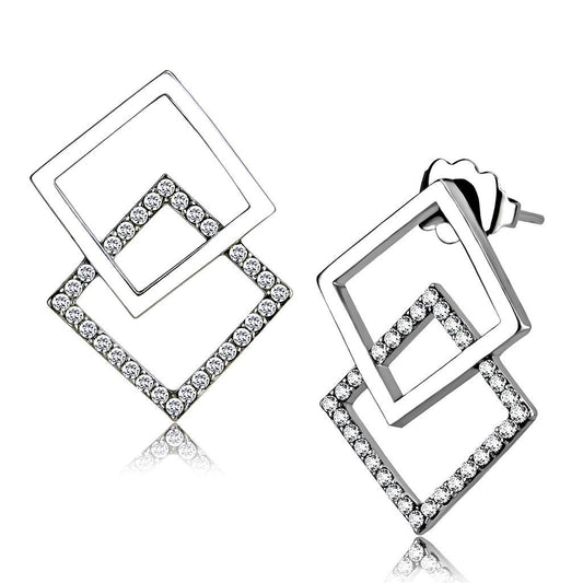 DA201 - High polished (no plating) Stainless Steel Earrings with AAA Grade CZ in Clear-0