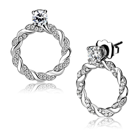 DA217 - High polished (no plating) Stainless Steel Earrings with AAA Grade CZ in Clear-0