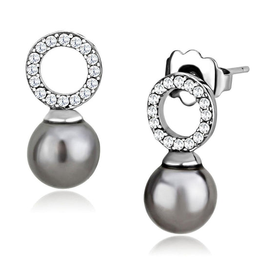 DA221 - High polished (no plating) Stainless Steel Earrings with Synthetic Pearl in Gray-0