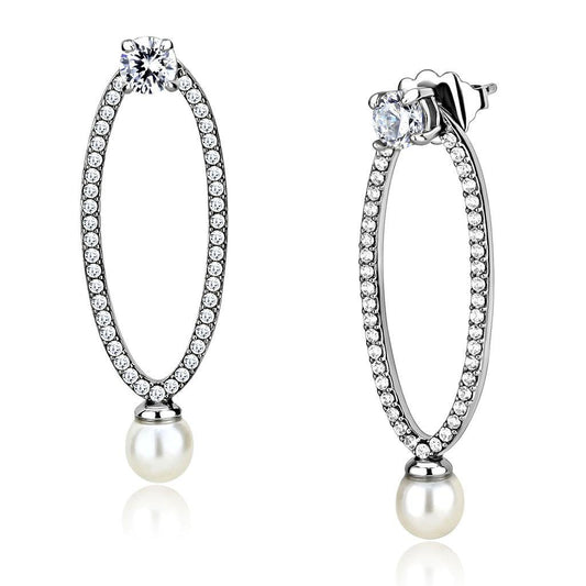 DA223 - High polished (no plating) Stainless Steel Earrings with Synthetic Pearl in White-0