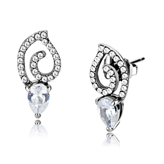 DA291 - High polished (no plating) Stainless Steel Earrings with AAA Grade CZ in Clear-0